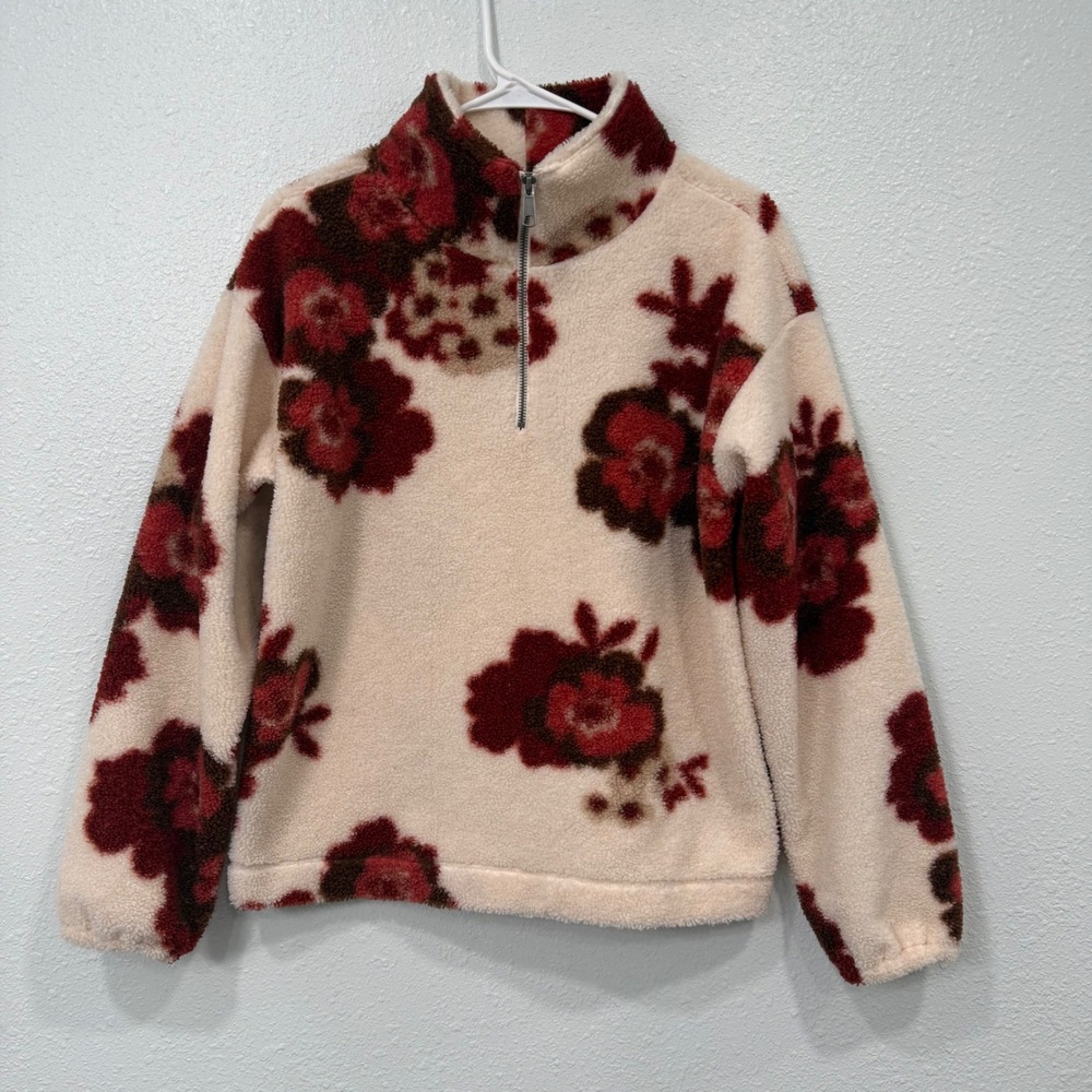 LOFT Floral Sherpa Fleece‎ Quarter Zip Pullover Cream Red Brown Small